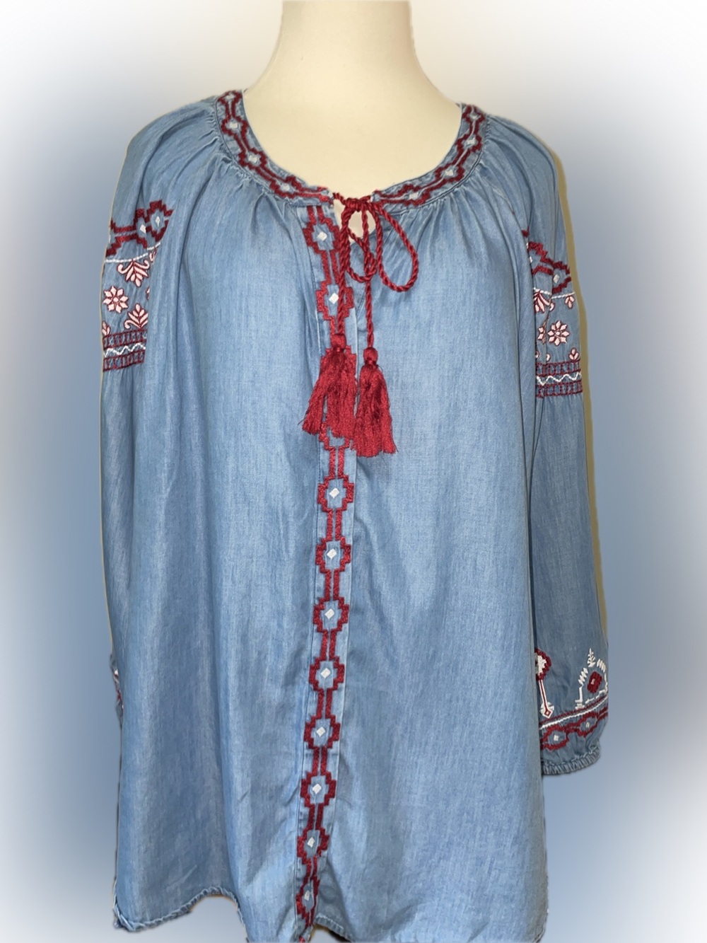 Style & Co. Blue Denim-Look Embroidered Peasant Top with Red Tassels